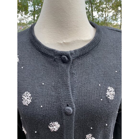 Christmas Black Holiday Cardigan Sweater Size Medium Victoria Jones - Picture 3 of 9